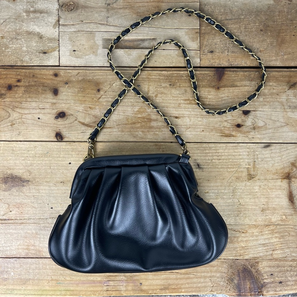 Anthropologie - Faux Leather Clamshell Clutch/Crossbody - Black/Gold